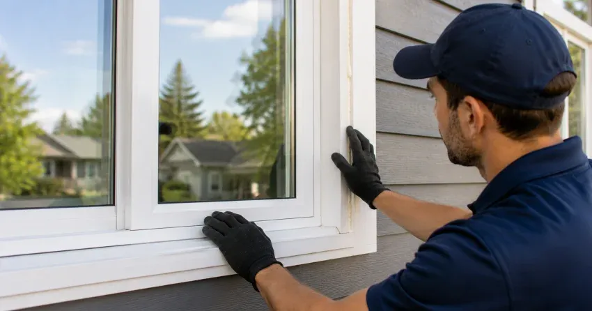 technician comparing full-frame and retrofit window replacement options in Dunkerron, Bradford
