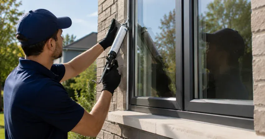 Aluminum window frame with double glazed insulated glass unit installed in a residential wall in Dunkerron, Bradford