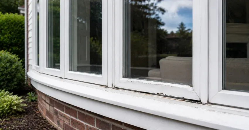 technician inspecting bow window frame and seal for damage in Bradford