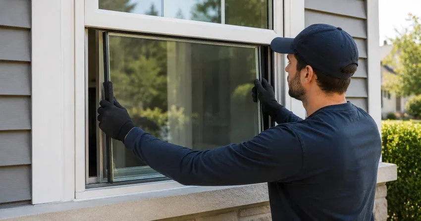 technician boarding up broken window during emergency glass repair Bradford