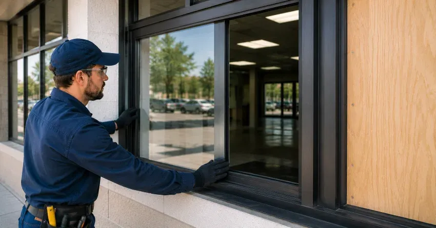 technician boarding a broken window after a break-in in Bradford