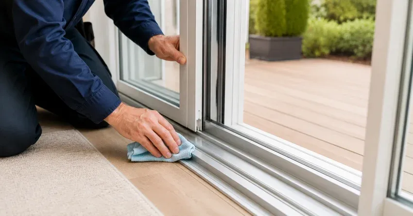 technician inspecting a sliding patio door track in Bond Head, Bradford
