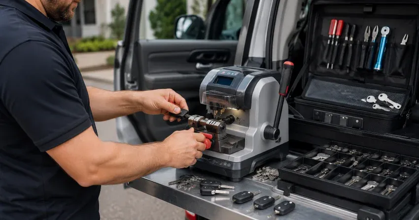 technician cutting a replacement car door lock key in Dunkerron, Bradford
