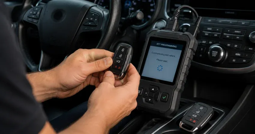technician inspecting a worn car key before replacement in Bradford
