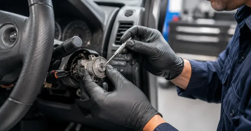 technician diagnosing an ignition lock repair issue in Bond Head, Bradford