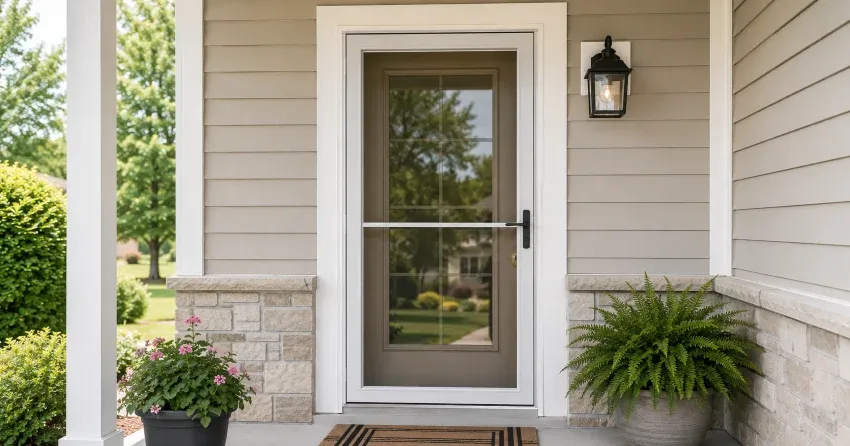 technician hanging storm door square and plumb in Bradford