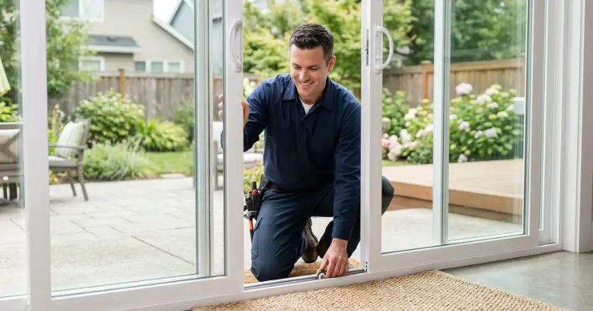 technician diagnosing a sticking patio door in Deerhurst, Bradford