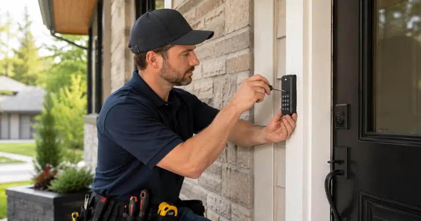 Technician installing an access control system keypad beside a residential front door in Bradford