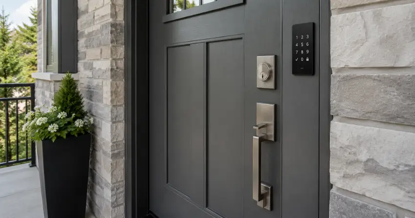 High-security door hardware and access control keypad installed on a residential entry door in Bradford