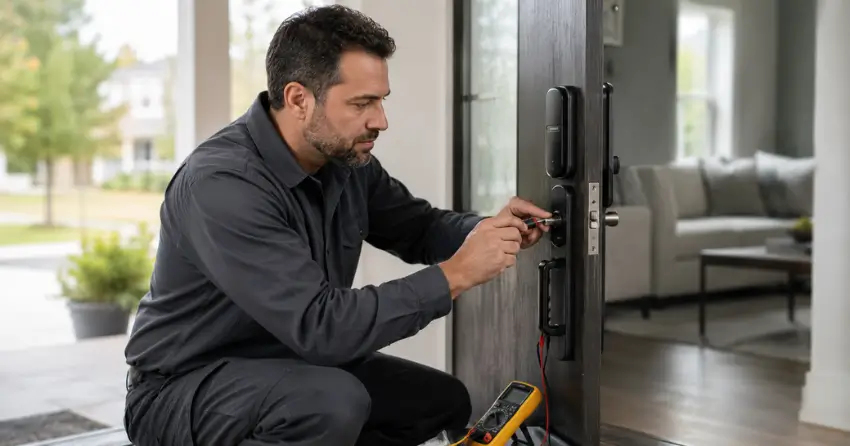 technician diagnosing automatic door lock mechanism on residential door in Bradford