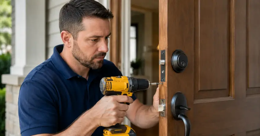 technician installing a new deadbolt during Change Door Lock Bradford service