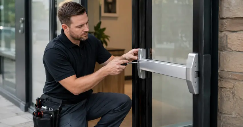 commercial locksmith repairing exit device on storefront door Bradford