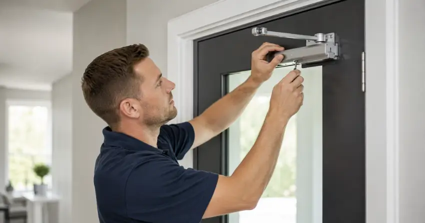 technician adjusting door closer hydraulic valve in Bond Head, Bradford home