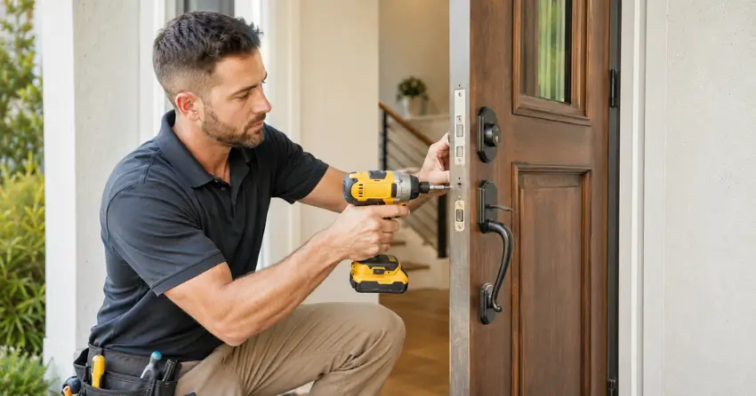 locksmith installing new deadbolt lock on front door in Bradford