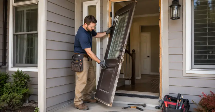 old exterior door being removed for replacement in Deerhurst, Bradford