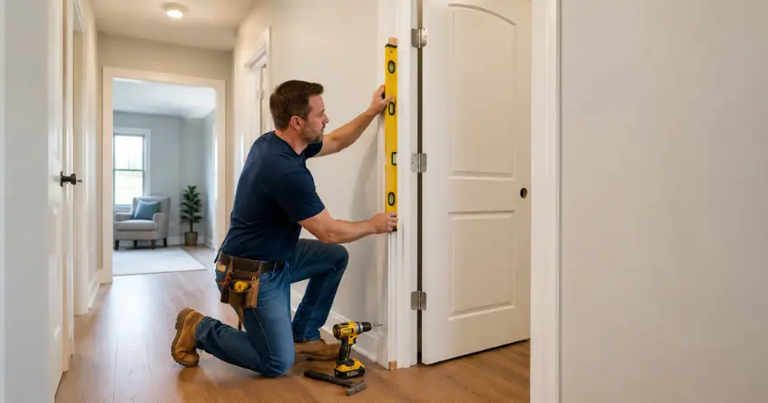 technician installing a pre-hung interior door in a home hallway Dunkerron, Bradford