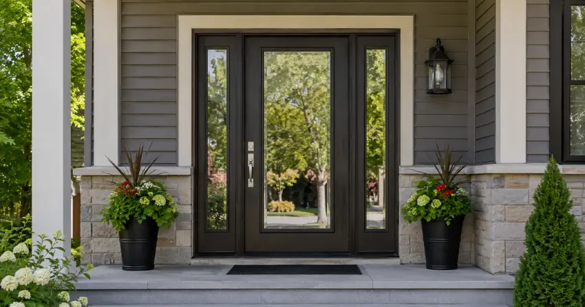 glass entry door with sidelights on a home in Dunkerron, Bradford