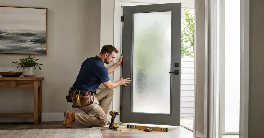 glass panel door installation with frosted privacy glass in residential setting in Green Valley, Bradford