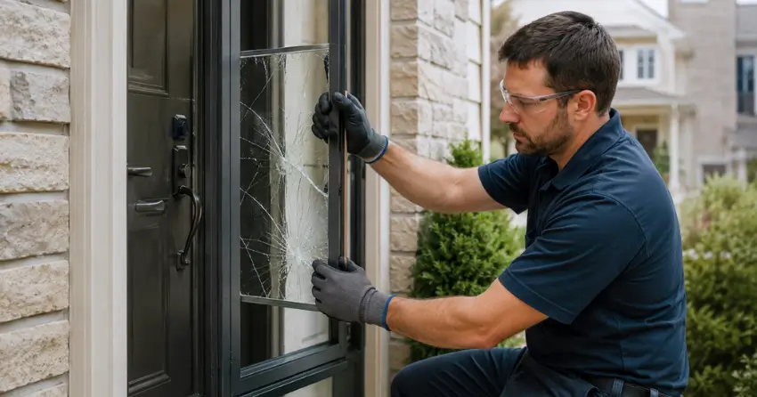 technician removing cracked storm door glass panel in Bradford