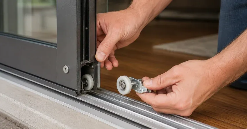 sliding door alignment Bradford technician adjusting roller track