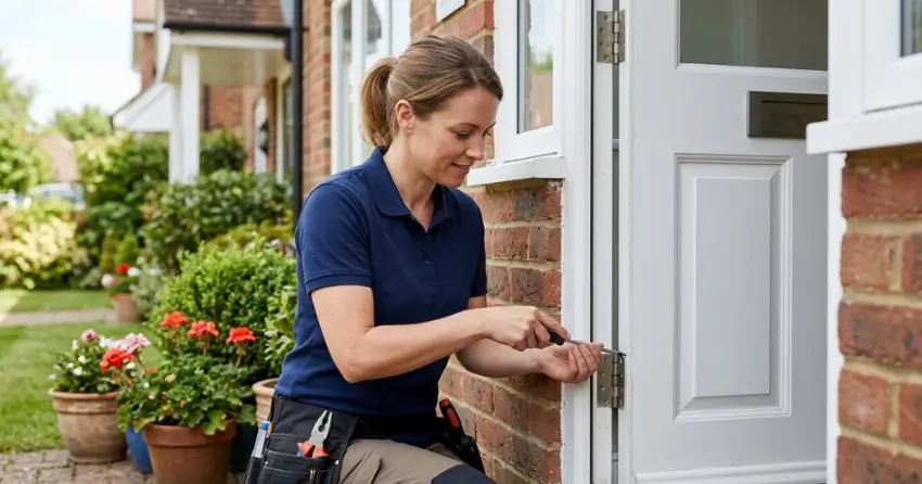 technician repairing exterior door hinge and frame in Bradford
