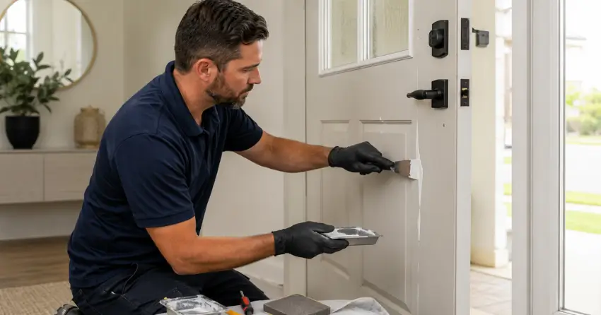 technician repairing fiberglass door surface crack in Bradford