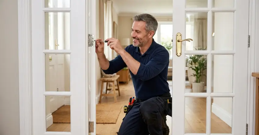 technician adjusting French door hinge for proper alignment in Bradford