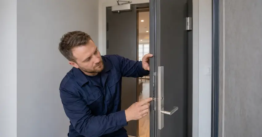 technician inspecting fire-rated door seal and hardware in Green Valley, Bradford