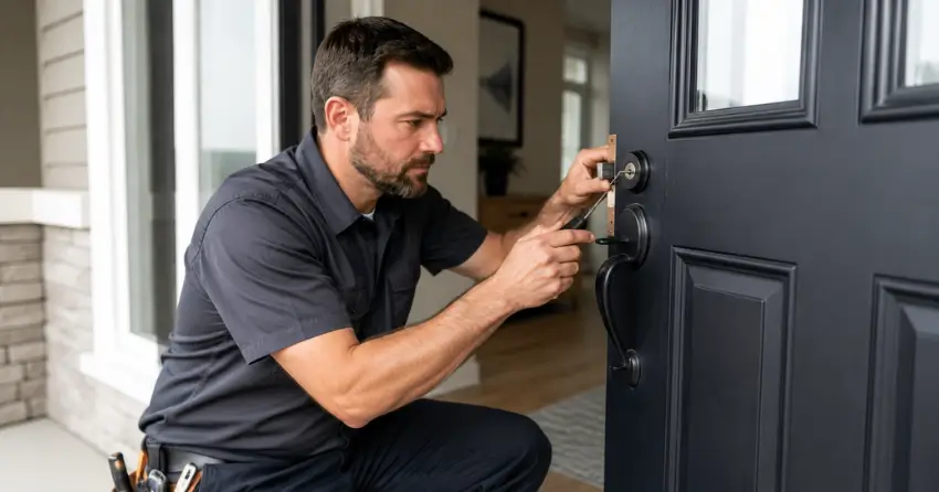 licensed locksmith technician working on residential deadbolt in Dunkerron, Bradford
