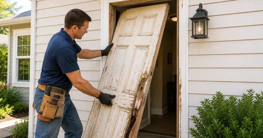 warped exterior door frame showing weather damage in Bradford