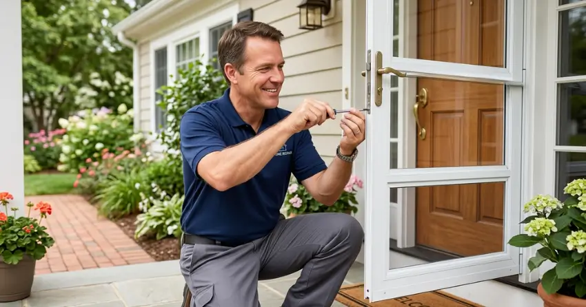 technician adjusting storm door hinge and closer in Green Valley, Bradford