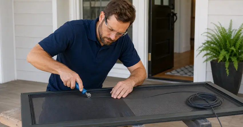 technician replacing screen door mesh and spline in Bradford